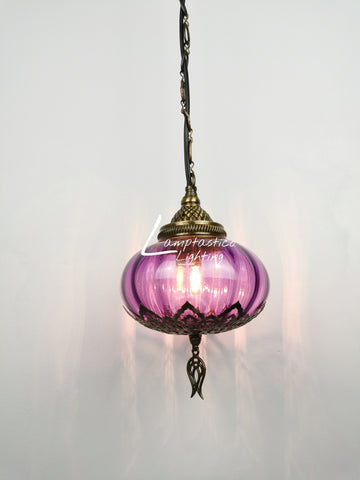 Turkish Purple Blown Glass Hanging Lamp with Brass Finish, Single Pendant Light