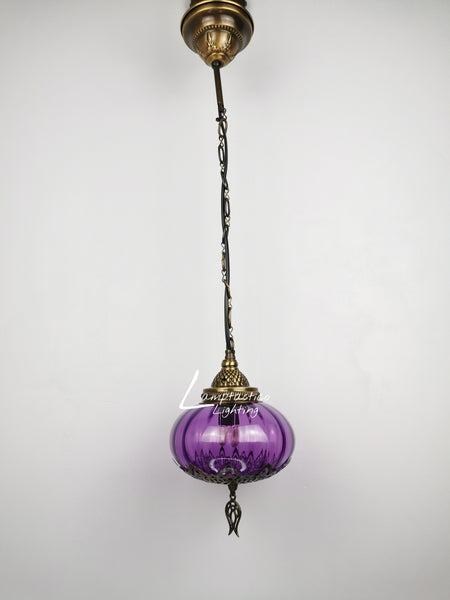 Turkish Purple Blown Glass Hanging Lamp with Brass Finish, Single Pendant Light