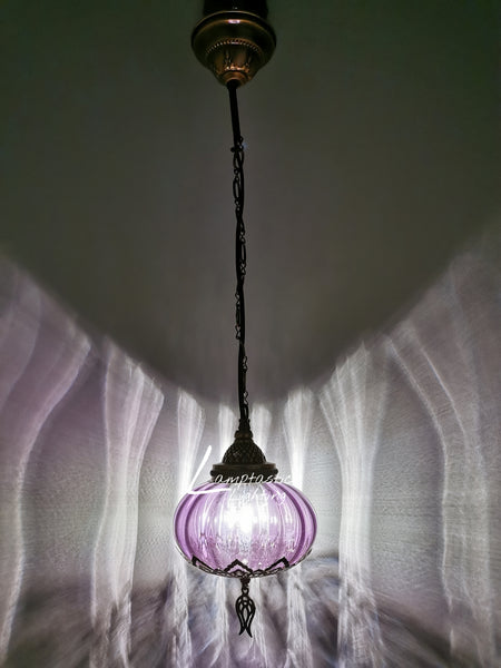 Turkish Purple Blown Glass Hanging Lamp with Brass Finish, Single Pendant Light