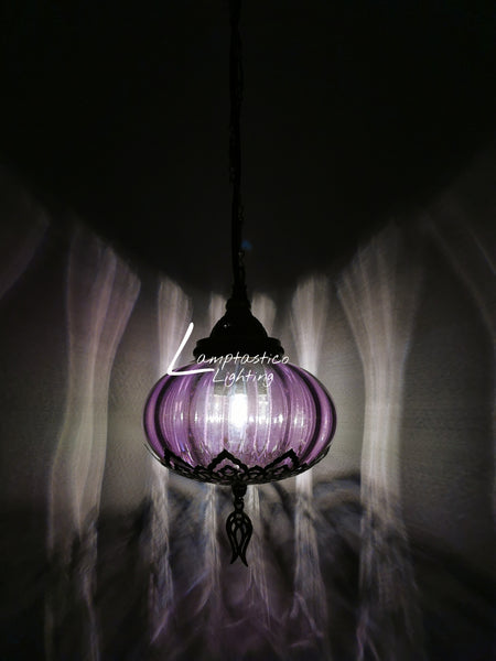 Turkish Purple Blown Glass Hanging Lamp with Brass Finish, Single Pendant Light