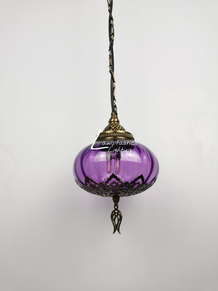 Turkish Purple Blown Glass Hanging Lamp with Brass Finish, Single Pendant Light