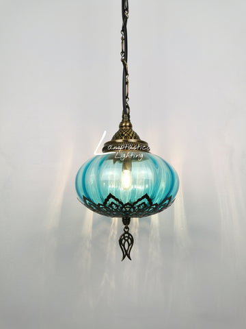 Turkish Teal Blown Glass Hanging Lamp with Brass Finish, Single Pendant Light