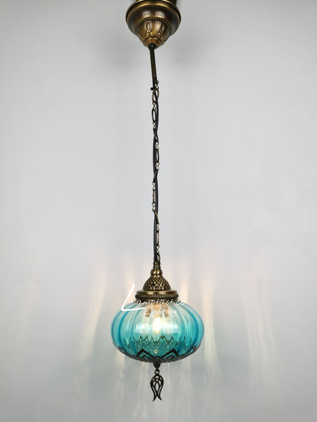 Turkish Teal Blown Glass Hanging Lamp with Brass Finish, Single Pendant Light