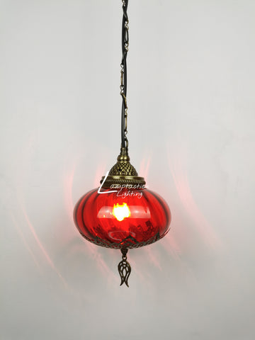 Turkish Red Blown Glass Hanging Lamp with Brass Finish, Single Pendant Light