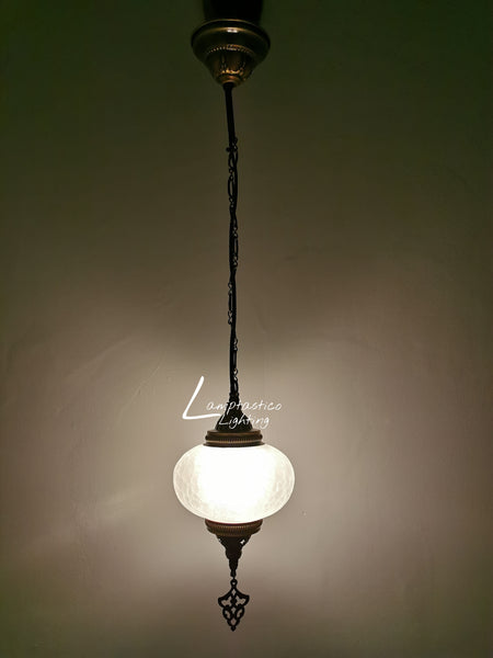 Turkish Crackle Glass Hanging Lamp with Brass Finish, Single Pendant Light