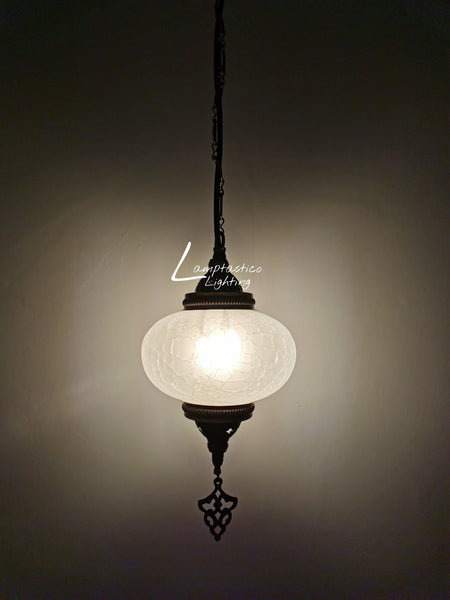 Turkish Crackle Glass Hanging Lamp with Brass Finish, Single Pendant Light