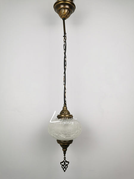 Turkish Crackle Glass Hanging Lamp with Brass Finish, Single Pendant Light