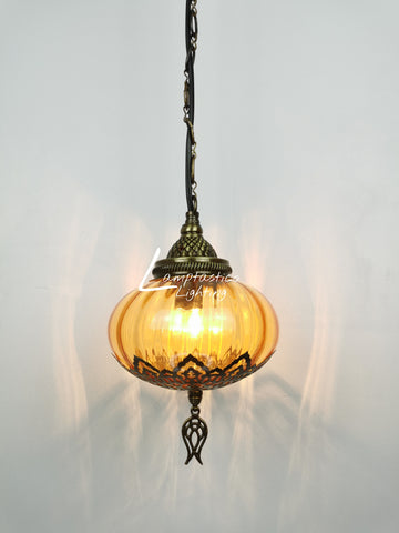 Turkish Orange Blown Glass Hanging Lamp with Brass Finish, Single Pendant Light