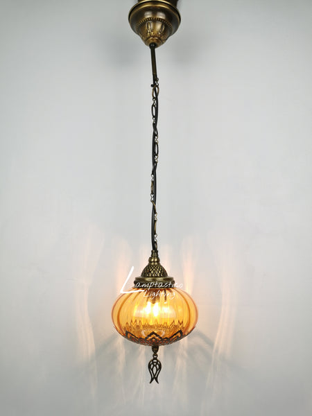 Turkish Orange Blown Glass Hanging Lamp with Brass Finish, Single Pendant Light