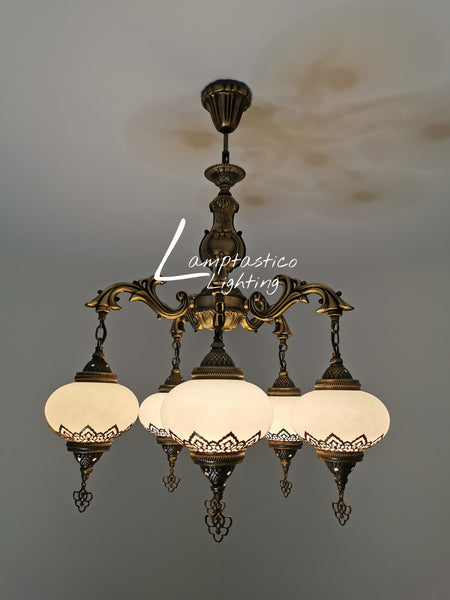 5 Arm Antique White Glass Chandelier with Brass Finish