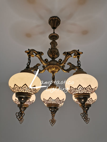 5 Arm Antique White Glass Chandelier with Brass Finish