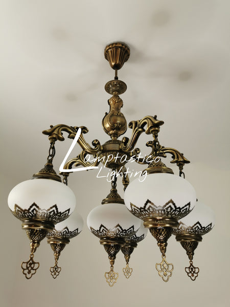 5 Arm Antique White Glass Chandelier with Brass Finish