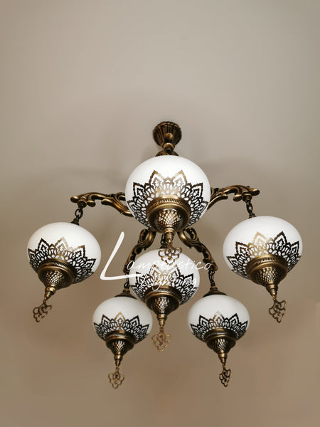 5 Arm Antique White Glass Chandelier with Brass Finish