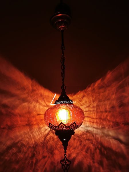 Turkish Red Crackle Glass Hanging Lamp with Brass Finish, Single Pendant Light