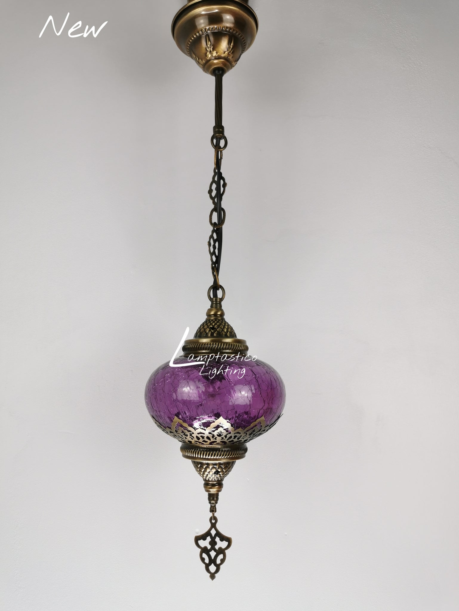 Turkish Purple Crackle Glass Hanging Lamp with Brass Finish, Single Pendant Light