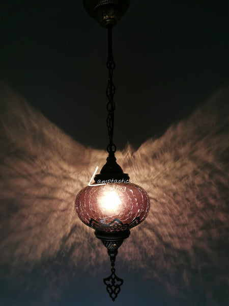 Turkish Purple Crackle Glass Hanging Lamp with Brass Finish, Single Pendant Light