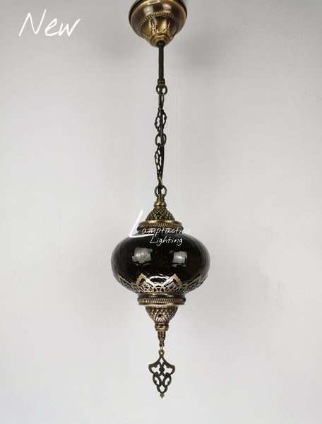 Turkish Aubergine Crackle Glass Hanging Lamp with Brass Finish, Single Pendant Light