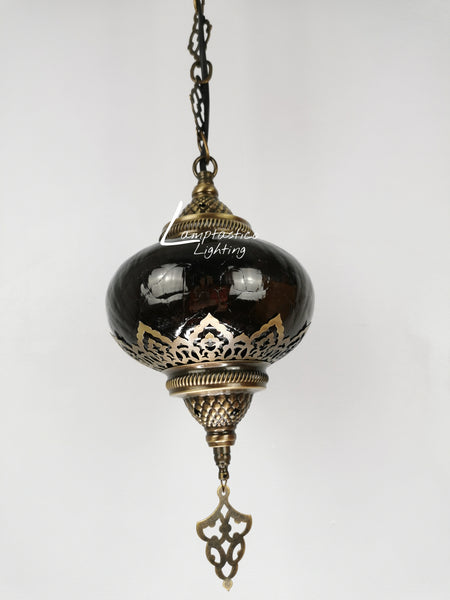 Turkish Aubergine Crackle Glass Hanging Lamp with Brass Finish, Single Pendant Light