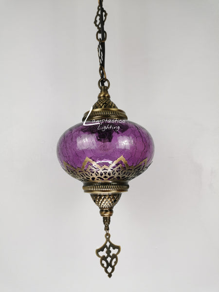 Turkish Purple Crackle Glass Hanging Lamp with Brass Finish, Single Pendant Light
