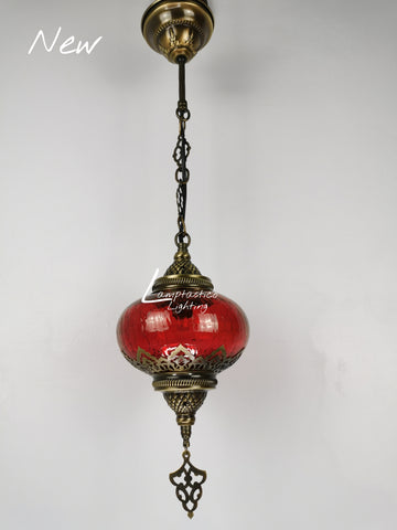 Turkish Red Crackle Glass Hanging Lamp with Brass Finish, Single Pendant Light