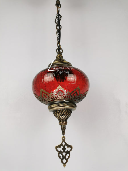 Turkish Red Crackle Glass Hanging Lamp with Brass Finish, Single Pendant Light