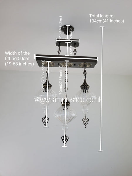 Turkish Kitchen Island Lighting, Ribbed Blown Glass Chandelier, Ceiling Light, 3 Globe Chandelier