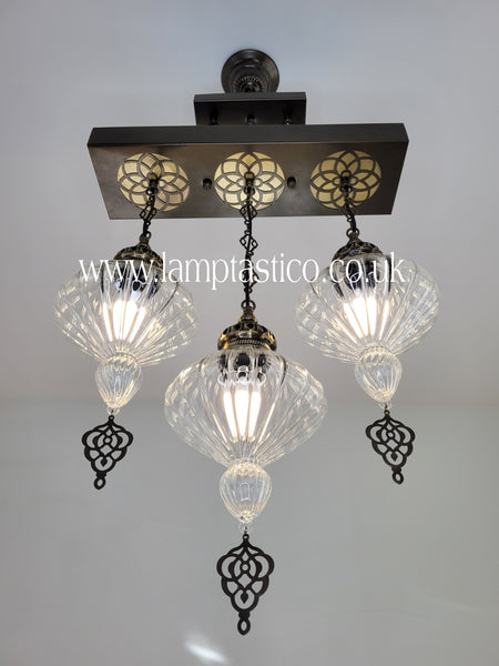 Turkish Kitchen Island Lighting, Ribbed Blown Glass Chandelier, Ceiling Light, 3 Globe Chandelier