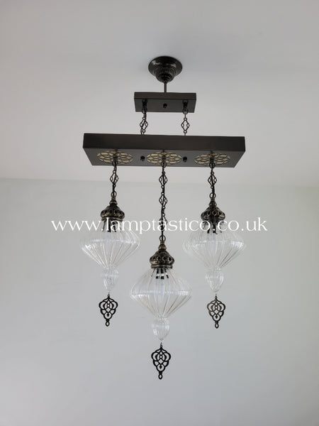 Turkish Kitchen Island Lighting, Ribbed Blown Glass Chandelier, Ceiling Light, 3 Globe Chandelier