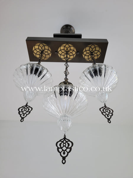 Turkish Kitchen Island Lighting, Ribbed Blown Glass Chandelier, Ceiling Light, 3 Globe Chandelier