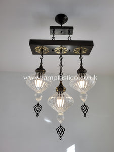 Turkish Kitchen Island Lighting, Ribbed Blown Glass Chandelier, Ceiling Light, 3 Globe Chandelier