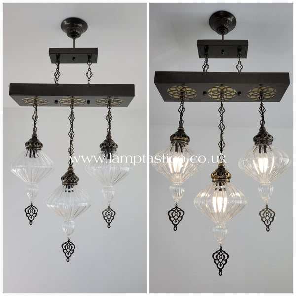 Turkish Kitchen Island Lighting, Ribbed Blown Glass Chandelier, Ceiling Light, 3 Globe Chandelier