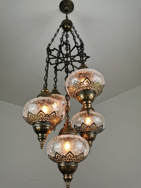 Turkish Crackle Glass Lighting Fixture, 5 Globe Chandelier