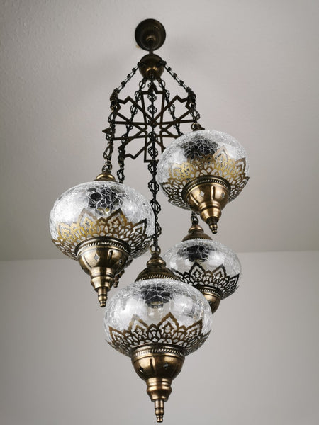 Turkish Crackle Glass Lighting Fixture, 5 Globe Chandelier