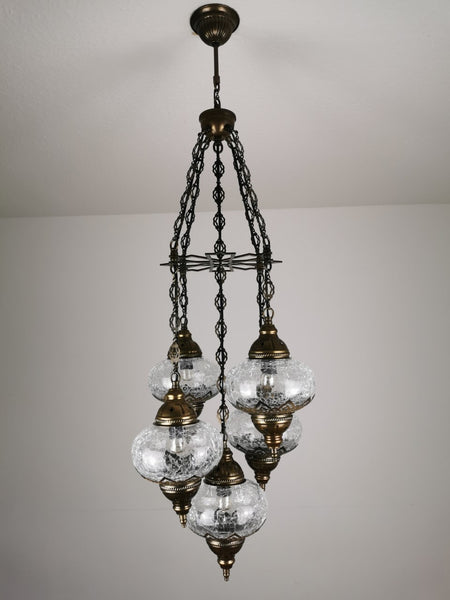 Turkish Crackle Glass Lighting Fixture, 5 Globe Chandelier