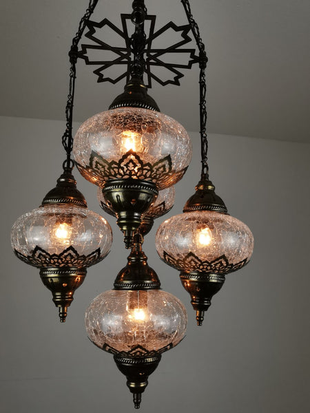 Turkish Crackle Glass Lighting Fixture, 5 Globe Chandelier