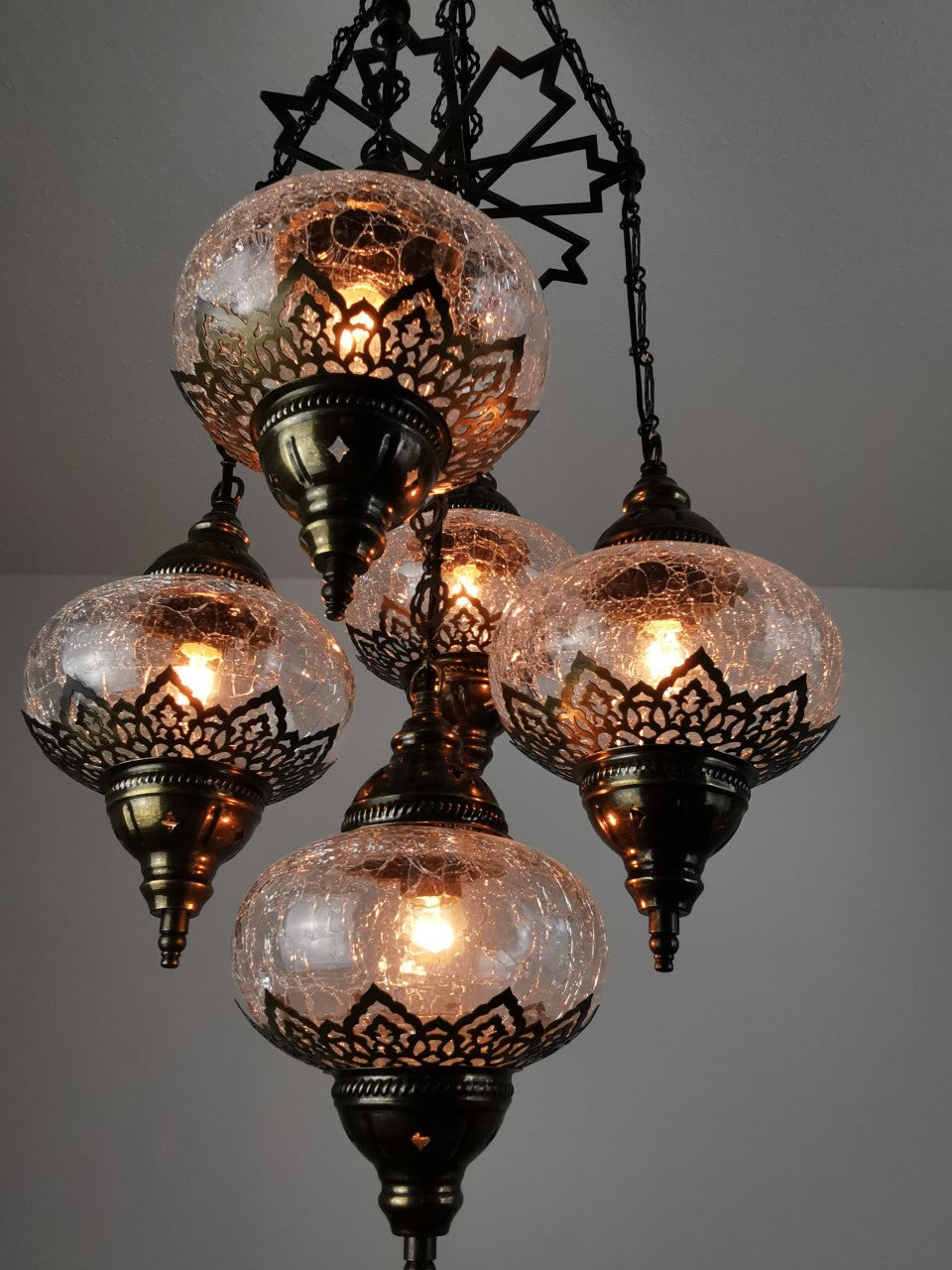 Turkish Crackle Glass Lighting Fixture, 5 Globe Chandelier