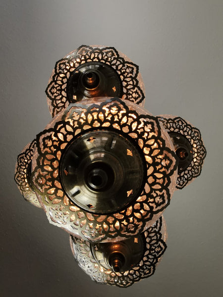 Turkish Crackle Glass Lighting Fixture, 5 Globe Chandelier