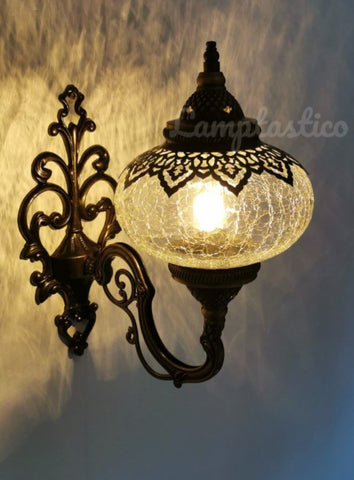 Turkish Crackle Clear Glass Single Wall Light Upright Large Globe