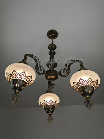 Turkish White Crackle Glass Chandelier, Ceiling Light, Pendant, Lighting Fixture, 3 Globe Chandelier