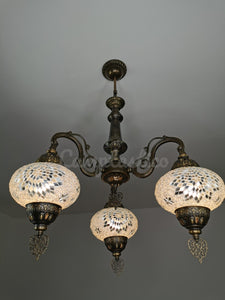 Turkish Mosaic White Glass Chandelier, Lighting Fixture, 3 Globe Chandelier