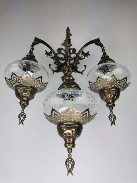 Turkish Moroccan Clear Crackle Glass Triple Wall Light, Wall Sconce