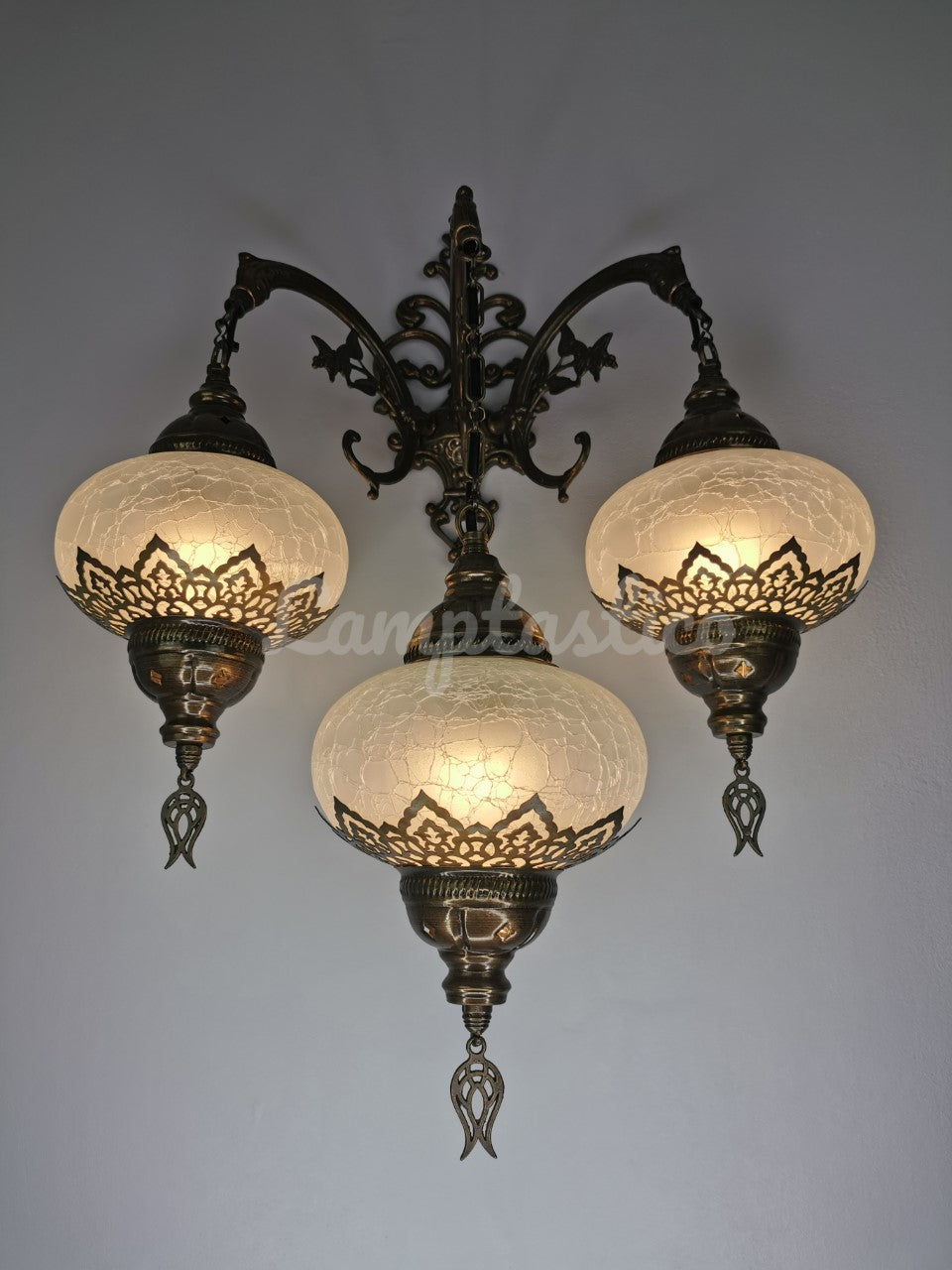 Turkish Moroccan Crackle White Glass Triple Wall Light, Wall Sconce