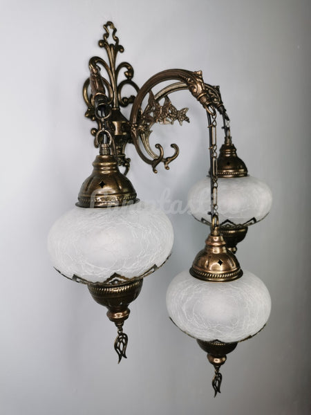 Turkish Moroccan Crackle White Glass Triple Wall Light, Wall Sconce